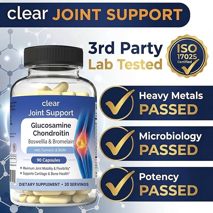 Clear Joint Support - 1500mg Glucosamine Chondroitin MSM - 8 in 1 Joint Health Supplement with Turmeric and Boswellia for Men &amp Women Knee Hip &amp Back Support Made in USA 90 Capsules