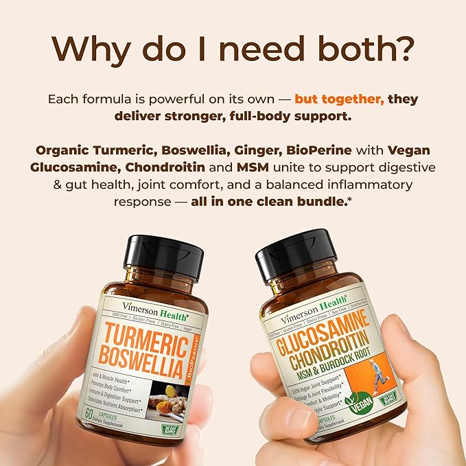 Joint Support Bundle – 2-Pack Organic Turmeric Supplement with 95% Curcuminoids + 65% Boswellia Extract Ginger Root &amp Black Pepper (BioPerine) + Vegan Glucosamine Chondroitin MSM – 60 + 90 Capsul