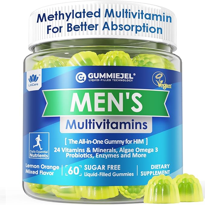 Mens Multivitamins Gummies Methylated Multivitamin for Men B Complex Minerals Vegan Omega 3 Probiotic Enzyme Antioxidants for Men's Complete Daily Support Sugar Free Vegan (No Iron) 60 Counts
