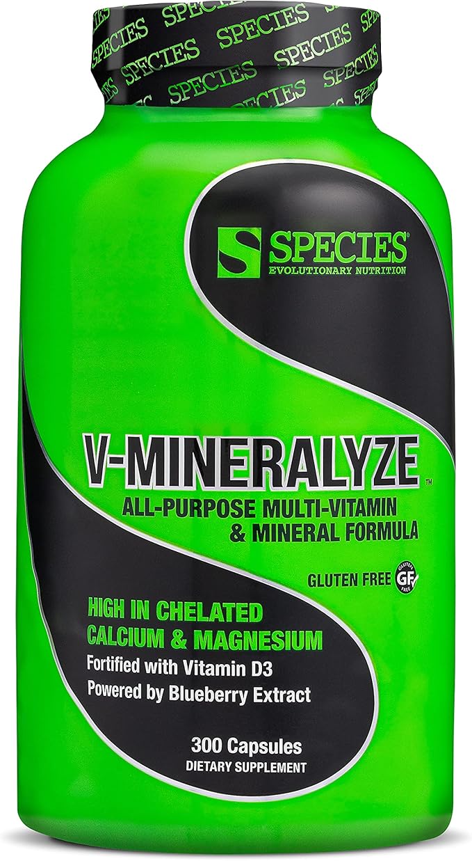 Species Nutrition V-Mineralyze All-Purpose Multivitamin Vitamin C and D3 Chelated Minerals Blueberry Extract with Anti-Oxidant Properties 300 Capsules