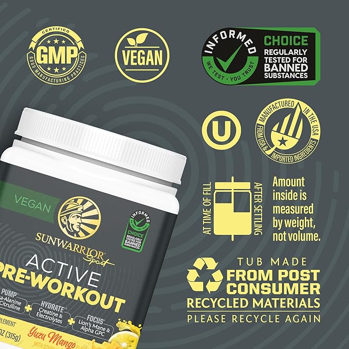 Sunwarrior Pre Workout Powder Energy Drink | Vegan Plant-Based Pre-Workout Supplement | Pump Hydrate Focus Endurance &amp Strength Builder | Yuzu Mango Flavored | 30 Servings | Active Preworkou