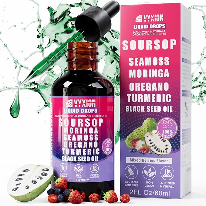 Soursop Bitters Liquid Drops 10 in 1 with Sea Moss Moringa Turmeric Black Seed Oil Oregano Ashwagandha | Herbal Extracts for Overall Health-Enhancing |Vegan Non-GMO| 2 Fl Oz(Mixed Berry Flavor)