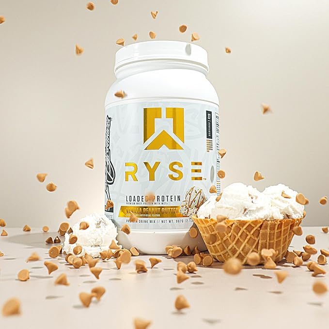 RYSE Loaded Protein Powder - Vanilla Peanut Butter - 25g Whey Protein Isolate &amp Concentrate with Prebiotic Fiber &amp MCTs - Low Carb Low Sugar Digestive-Friendly - 27 Servings / 2 lb Tub