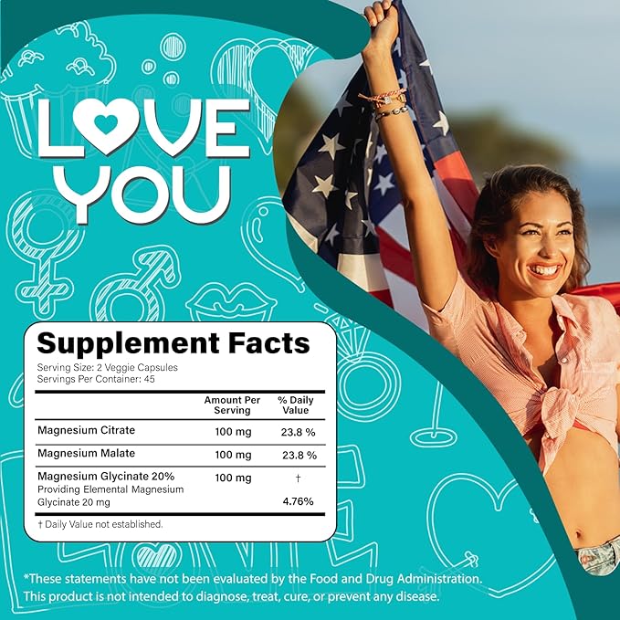 Love You Triple Magnesium Complex – 300mg per Serving Premium Magnesium Glycinate Citrate &amp Malate – High Absorption for Muscle Nerve &amp Sleep Support 90 Veggie Capsules