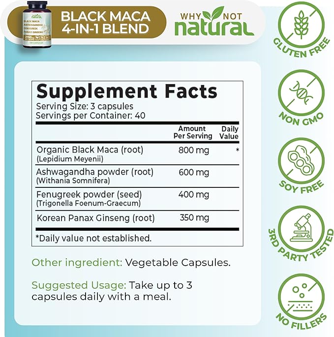 Why Not Natural 4-in-1 Organic Black Maca Root Ashwagandha Fenugreek Panax Ginseng Capsules Supplement for Men and Women