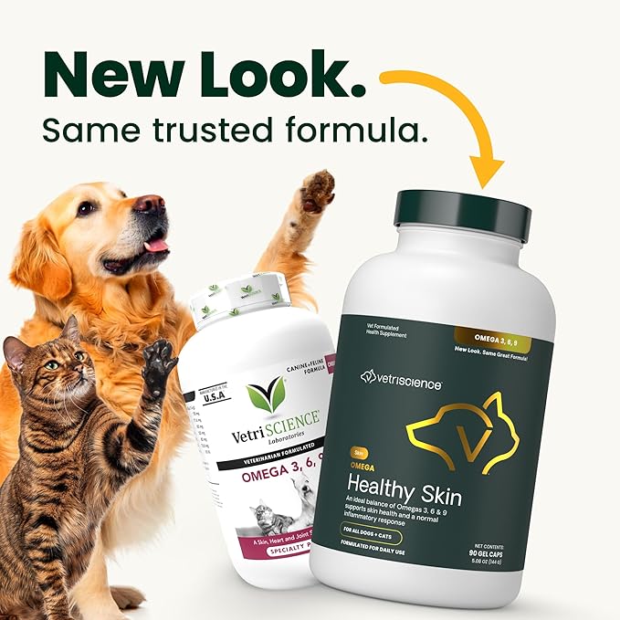 VetriScience Omega Healthy Skin and Coat Capsules 369 Fish Oil Supplement for Dogs and Cats Reduce Shedding Over 750 mg Omega Fatty Acids per Capsule Gel Caps 90 Count