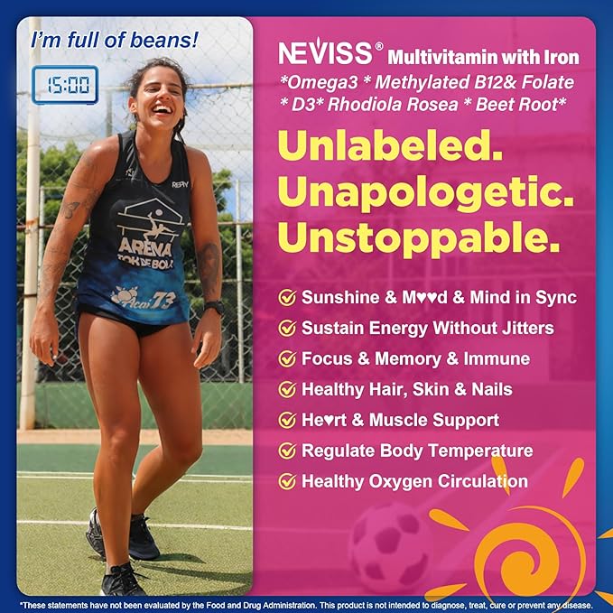 NEVISS AM Methylated Multivitamin Gummies with Iron for Women 26-in-1 Gummy Omega-3 Methylfolate &amp B12 Inositol for Daytime Routine Daily Vitamin Energy Brain Antioxidant Vegan Sugar Fre