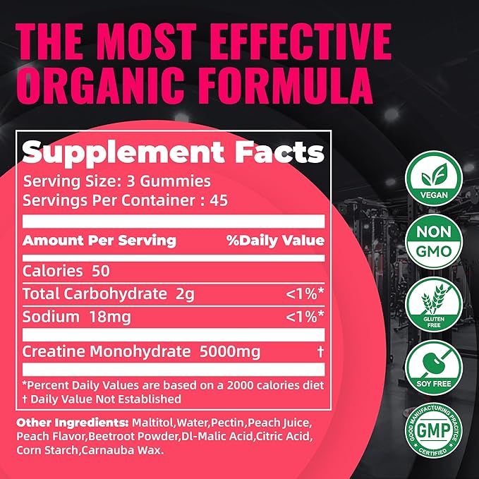 Natures Aid NSF Certified Creatine Gummy 5g - Creatine Monohydrate Gummies – Pre-Workout Energy &amp Muscle Growth Support for Men &amp Women | Peach Electrolyte Gummies (135 Count)