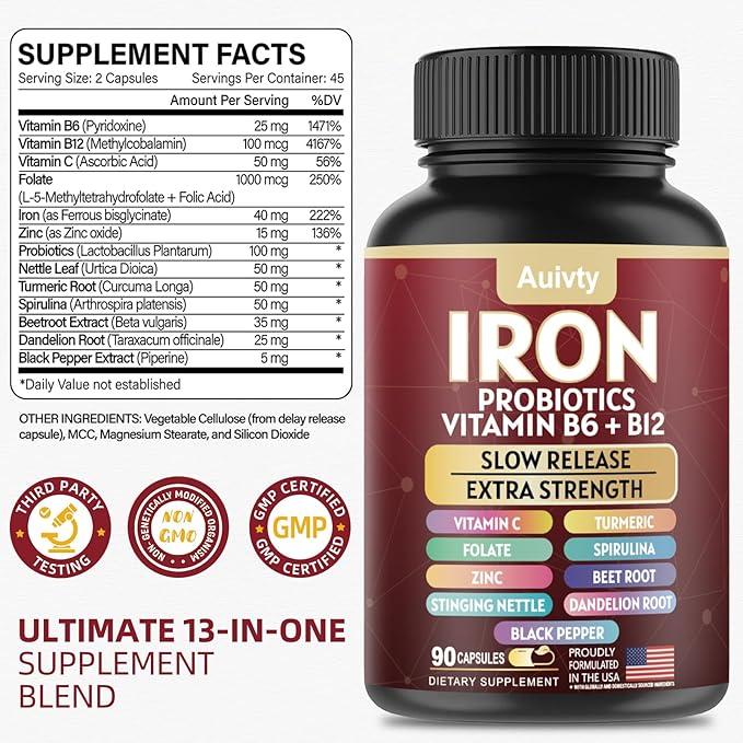 Iron Supplement with Slow Release Iron Probiotics Spirulina Turmeric Vitamin C B6 B12 Zinc &amp Folate 13-in-1 Daily Support Gentle on Stomach 60 Veggie Capsules