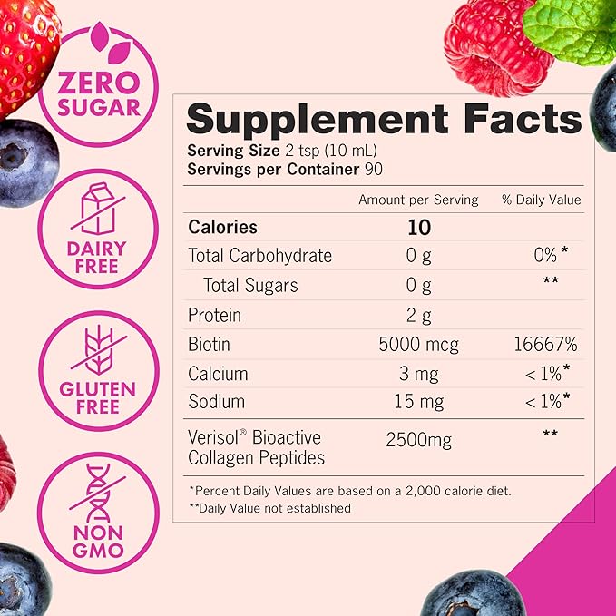 Zena Nutrition Liquid Collagen Peptides and Biotin 2500mg Verisol Bioactive Collagen Peptides 5000mcg Biotin Hair Skin Nail Supplement for Women and Men Mixed Berry 90 Servings 30 fl oz