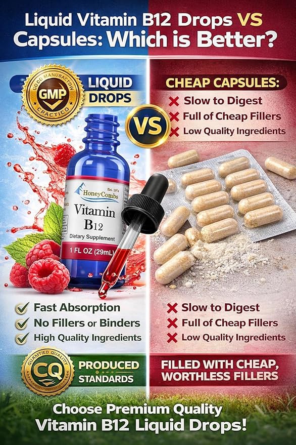 HoneyCombs Vitamin B12 Liquid Drops – B12 Vitamin Supplement for Energy Metabolism Brain Focus &amp Nerve Support – B12 Liquid Drops for Adults and Children Vitamina B12 Sublingual Made in the USA