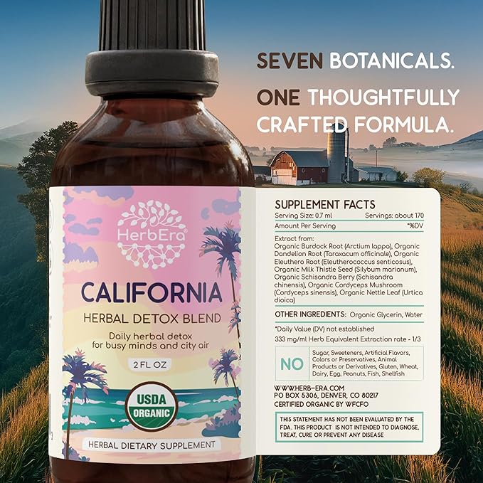 HerbEra California Herbal Detox Blend - USDA Organic Extract Made in USA | Immune &amp Liver Support Liquid Drops | Burdock Dandelion Root Eleuthero Milk Thistle Schisandra | 2 fl oz