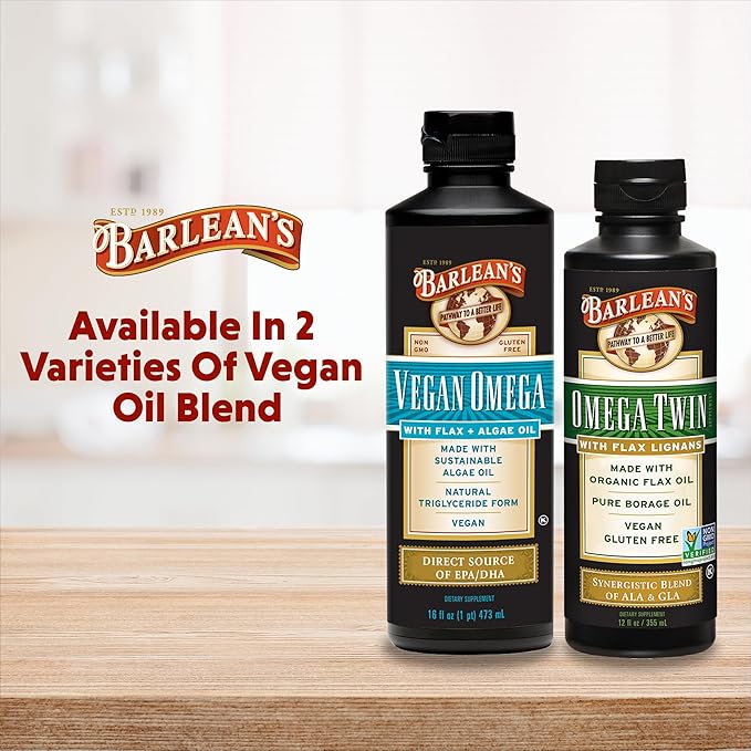 Barlean's Vegan Omega Liquid Flax and Algae Oil Plant Based EPA DHA Supplement from Algal Oil and Organic Flaxseed Omegas 3 6 and 9 Fatty Acid Supplements 16 Ounces