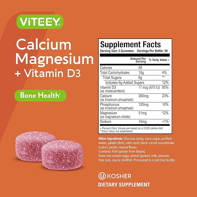 VITEEY Calcium Gummies with Vitamin D3 and Magnesium Supplement for Bone Health - Chewable Calcium Supplements for Women &amp Men - Gluten-Free Non-GMO - 180 Count