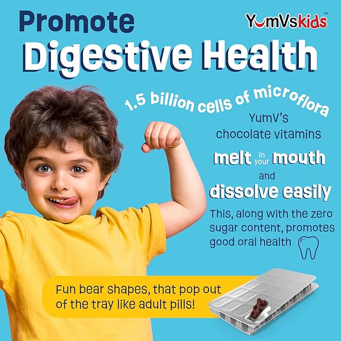 YUM-V'S Probiotics &amp Multivitamin Bundle for Kids – Probiotic with Prebiotic Fiber Chocolate Bears + Multivitamin &amp Multimineral with Iron Chewables – Digestive Immune &amp Overall Health Su