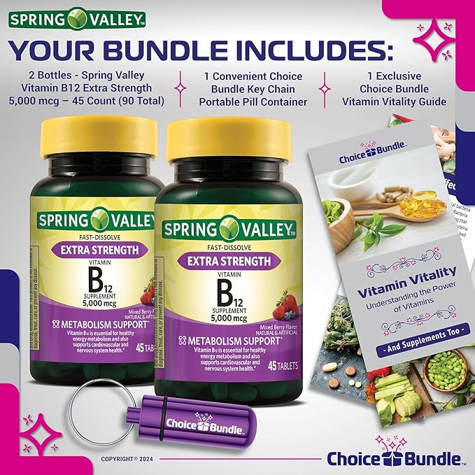 Spring Valley Vitamin B12 Fast Dissolve Tablets Extra Strength Metabolism Support 5000 mcg 45 Ct 2 pk (90 Total) + Vitamin Vitality &amp Pill Buddy (4 Items)!