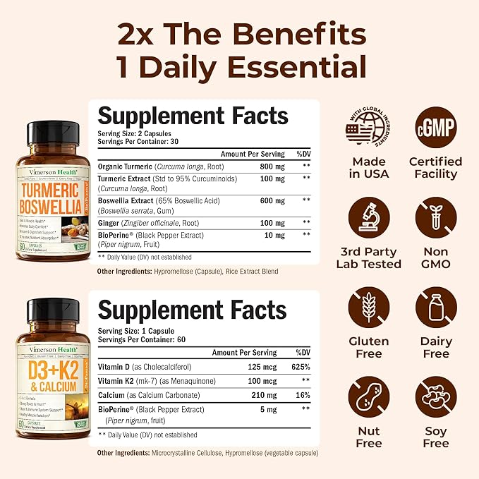Boswellia Turmeric Curcumin Supplement + Vitamin D3 K2 5000 IU Bundle – Supports Joint Health &amp Immune Bone Heart Health – with Ginger Root Organic Turmeric Powder Vitamin D K2 Calcium
