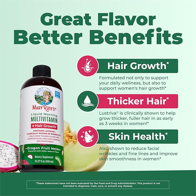 MARYRUTH'S Liquid Multivitamin + Hair Growth | Biotin 10000mcg | Lustriva Hair Growth Supplement | Clinically Tested in Women for Thicker Hair &amp Facial Wrinkle | Skin Care | Ages 18+ | 15.22 Fl Oz