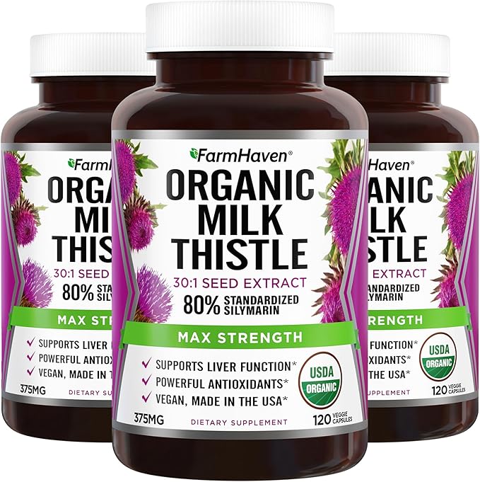 FarmHaven USDA Organic Milk Thistle Capsules | 30X Concentrated Seed Extract &amp 80% Silymarin Standardized - Supports Liver Function and Overall Health | Non-GMO | 360 Vegan Capsules