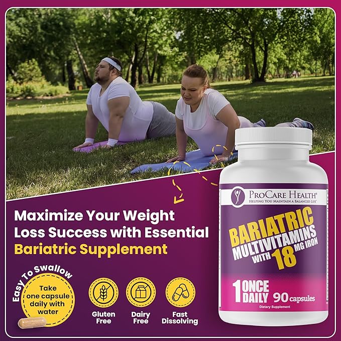 ProCare Health Bariatric Multivitamin with 18mg Iron (3 Month Supply) Post-Op Vitamins Bariatric Surgery Patients Supports Recovery (90 Easy to Swallow Capsules)