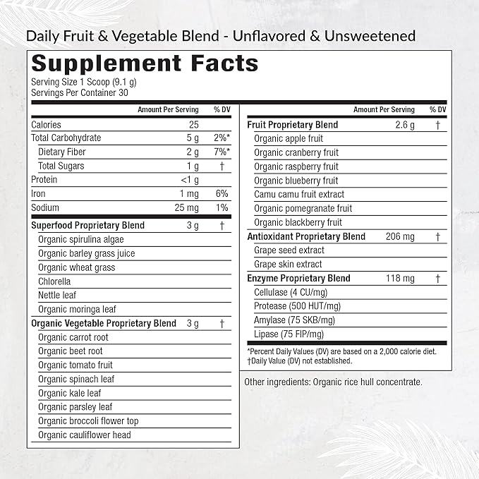 Equilife Daily Fruit &amp Vegetable Blend Superfood Antioxidant Supplement with 22 Organic Fruits &amp Vegetables Unflavored Vitamin C Fiber 9 Essential Amino Acids Supports Energy 30 Serving