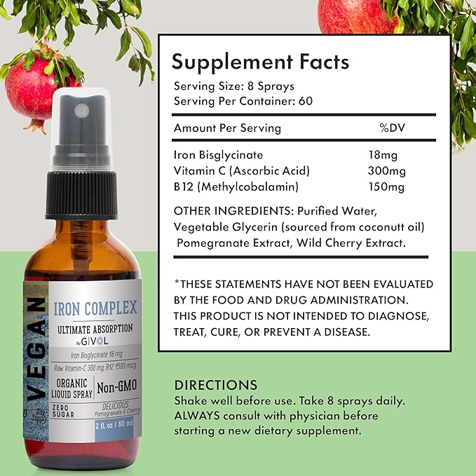 Iron Supplement - 18mg Bisglycinate Complex with Vitamin C &amp B12 for Energy &amp Immunity Boost and Organic ZINC Boost Mist 40mg (Extra Strength) - Sugar Free with VIT C and Elderberry Extract