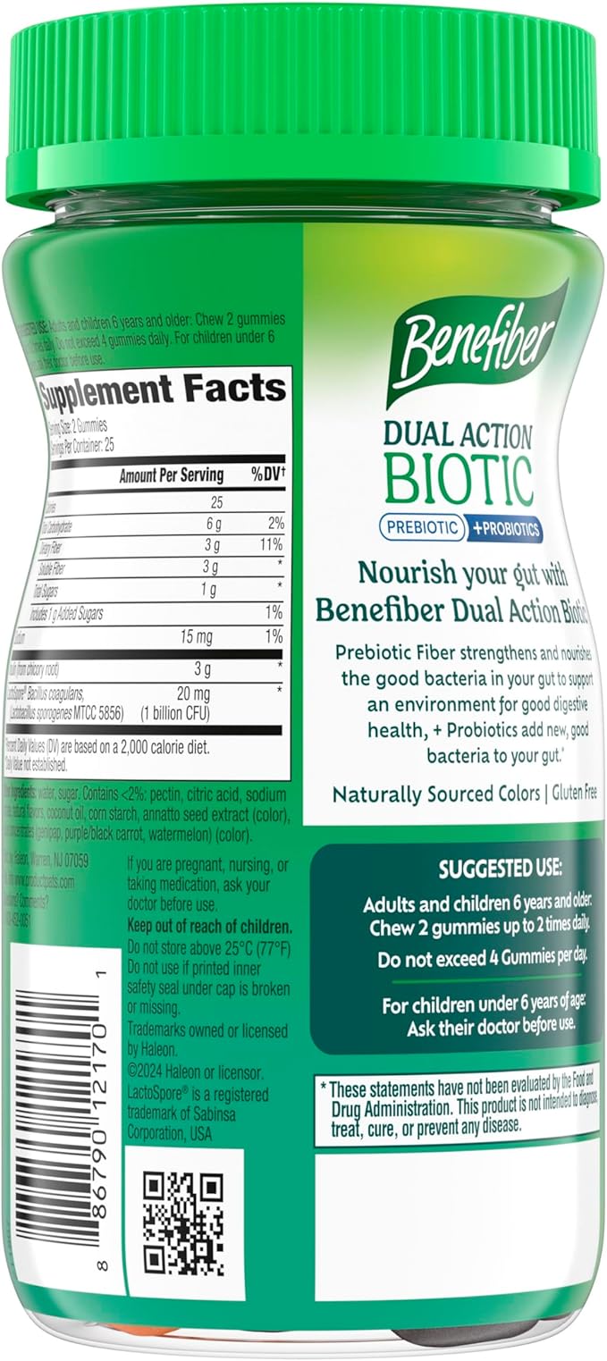 Benefiber Prebiotic Fiber Supplement Gummies with Probiotics for Digestive Health Assorted Fruit Flavors - 50 Count