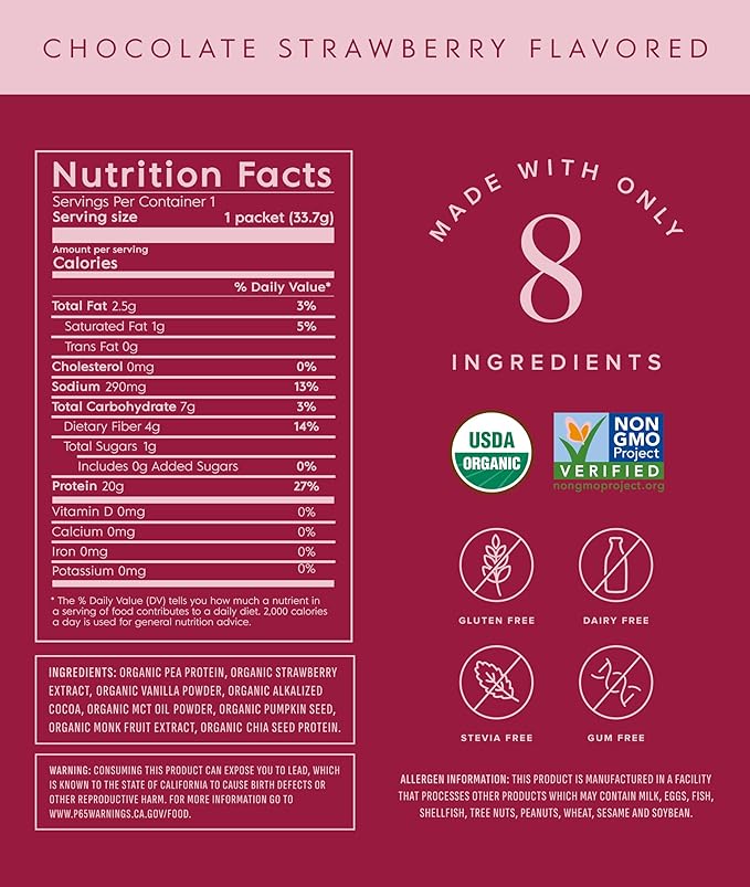 Truvani Vegan Pea Protein Powder | Chocolate Strawberry | 20g Organic Plant Based Protein | Single Serving Travel Packets | 10 Servings | Keto | Gluten &amp Dairy Free | Low Carb | No Added Sugar