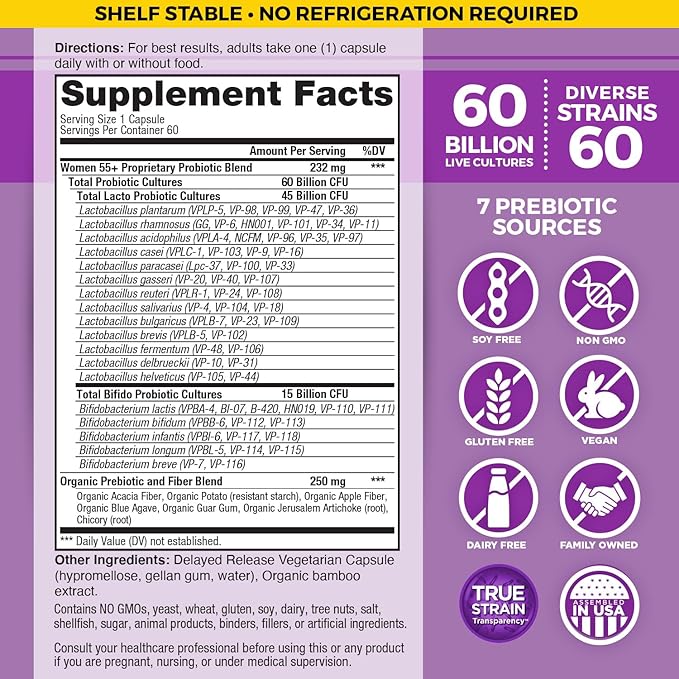 Vital Planet - Vital Flora Probiotics for Women Over 55 Daily Shelf Stable Probiotic 60 Billion CFU 60 Diverse Strains 7 Organic Prebiotics Immune Support and Digestive Health 60 Capsules