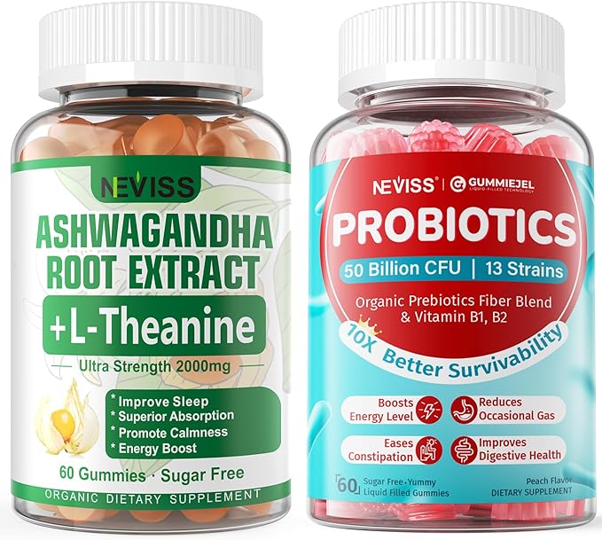 NEVISS Ashwagandha Gummies 2000mg +Sugar Free Probiotics Gummies