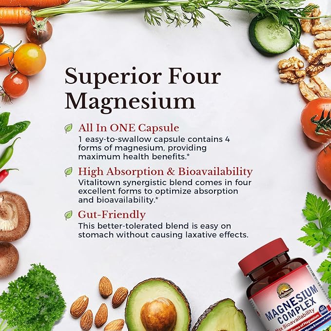 Vitalitown Magnesium + Hyaluronic Acid Bundle| Magnesium Complex (Item 1) &amp Hyaluronic Acid Plus Vitamin C (Item 2) | 120 Magnesium Capsules &amp 90 Hyaluronic Acid Capsules