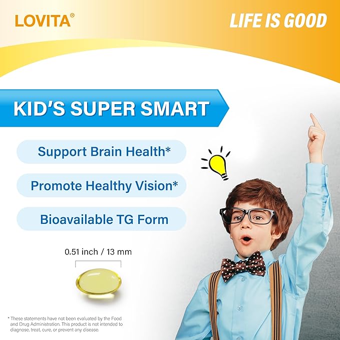 LOVITA Parent &amp Child Omega-3 Bundle - 1 Adult Fish Oil (120ct) &amp 1 Kid’s Super Smart DHA (30ct) Lemon Flavor &amp Burpless rTG (2 Pc)