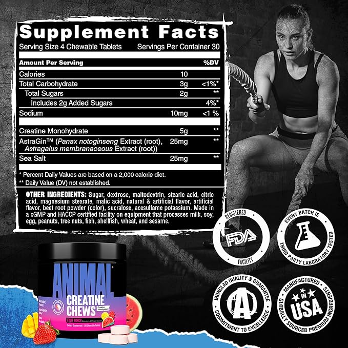 Animal Creatine Chews Tablets - Enhanced Creatine Monohydrate with AstraGin to Improve Absorption Sea Salt for Added Pumps Delicious and Convenient Chewable Tablets - Fruit Punch
