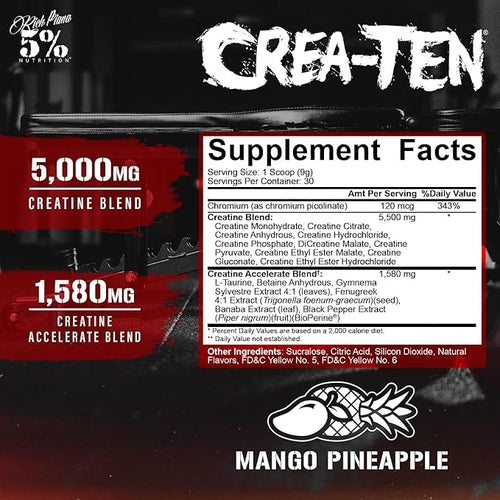 5% Nutrition CreaTEN Creatine Complex + Accelerators | Flavored Creatine Powder for Muscle Gain | Max Power Strength Endurance &amp Recovery (Mango Pineapple)