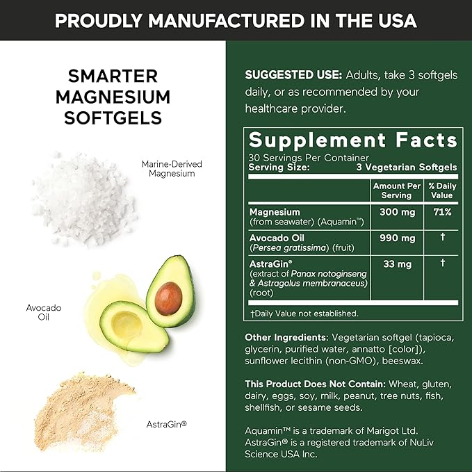 Smarter Nutrition Marine Magnesium Supplement 300mg - Naturally Sourced Clinically Tested Magnesium + Avocado Oil &amp AstraGin for High Absorption - Non-GMO (90 Count (Pack of 3))