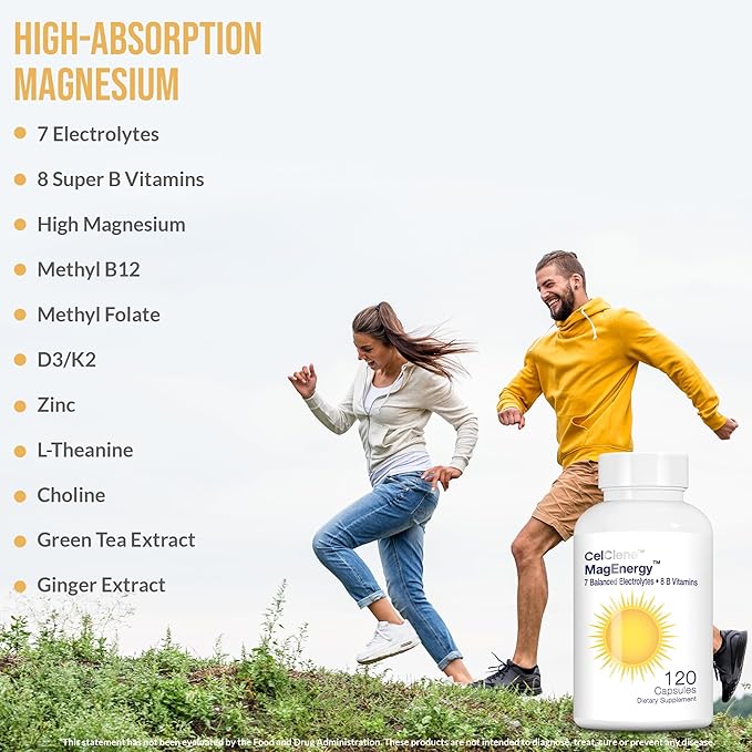 CELCLENE MagEnergy 7 Electrolytes 8 Super B Vitamins High Magnesium High Methyl B12 Methyl Folate D3/K2 Biotin Zinc for Hydration L-Theanine Choline Green Tea Ginger Extracts