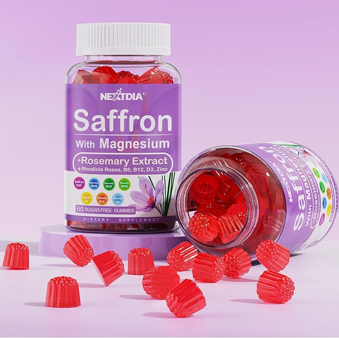 Saffron with Magnesium Glycinate Gummies 2 Months Supply -Sugar Free Magnesium 400/200mg w/SaffronRhodiolaRosemary B6B12D3 for S-leep CalmFocus Relax Nerve Melatonin Free Gummies