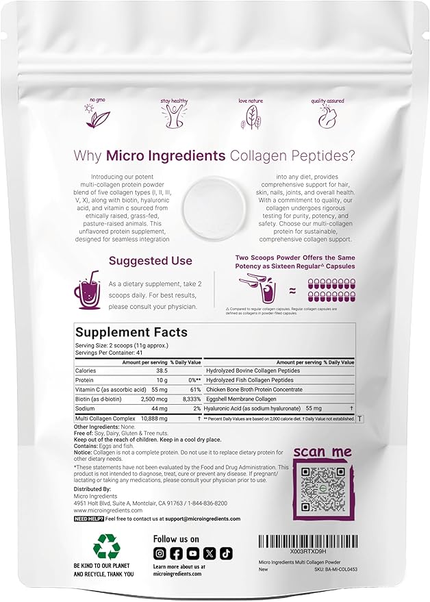 Micro Ingredients Multi Collagen Peptides Powder 1lb – Hydrolyzed Type IIIIIIVX with Biotin Hyaluronic Acid Vitamin C – Unflavored Collagen for Women &amp Men Easy Dissolve 41 Servings