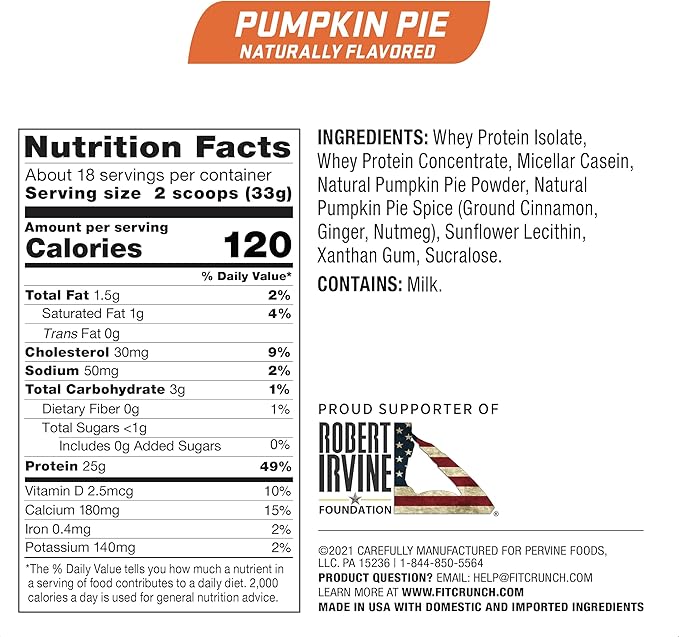 Fit Crunch Tri-Blend Whey Protein Keto Friendly Low Calories High Protein Gluten Free Soy Free (18 Servings Pumpkin Pie)