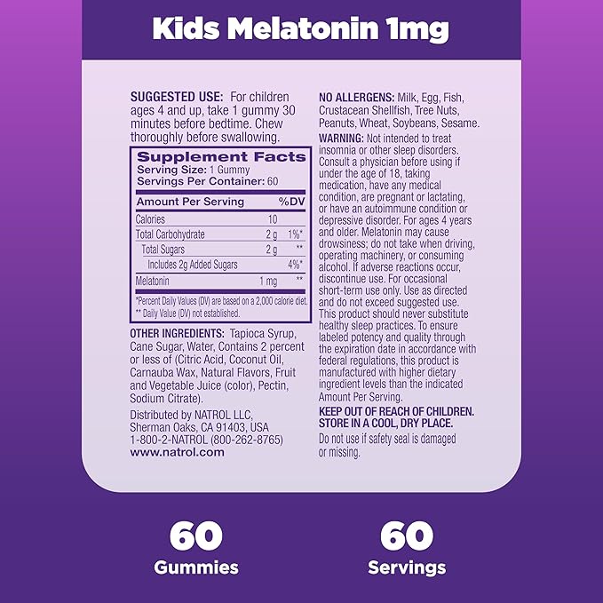 Natrol Kids Melatonin 1mg Supplement for Restful Sleep Sleep Gummies for Children 60 Raspberry-Flavored Melatonin Gummies 60 Day Supply
