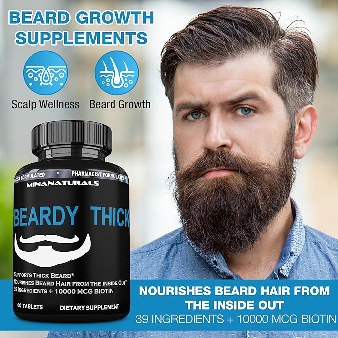 BEARDY THICK Beard Growth Vitamins for Men B7 Biotin 10000 mcg Keratin Collagen Silica and 36 More. Beard Grow Thicker and Stronger Supplement. Facial Hair Growth Vitamin. 60 Tablets