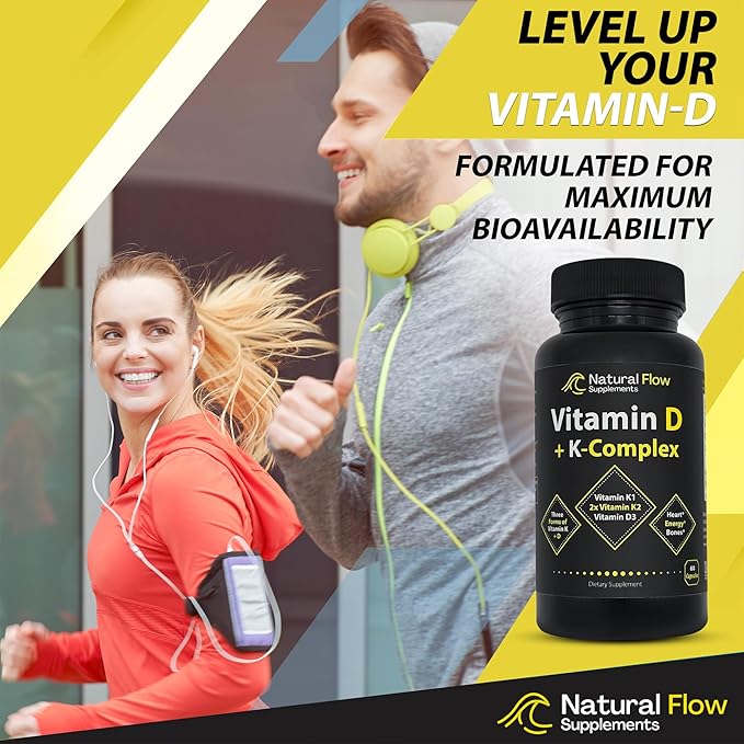 Vitamin D3 with K2 and K1 Supplement - Natural Flow Vitamin D3 and K Complex D3 5000iu with Vitamin K2 MK4 + MK7 and K1 for Bone Heart and Immune Support - 60 Capsules