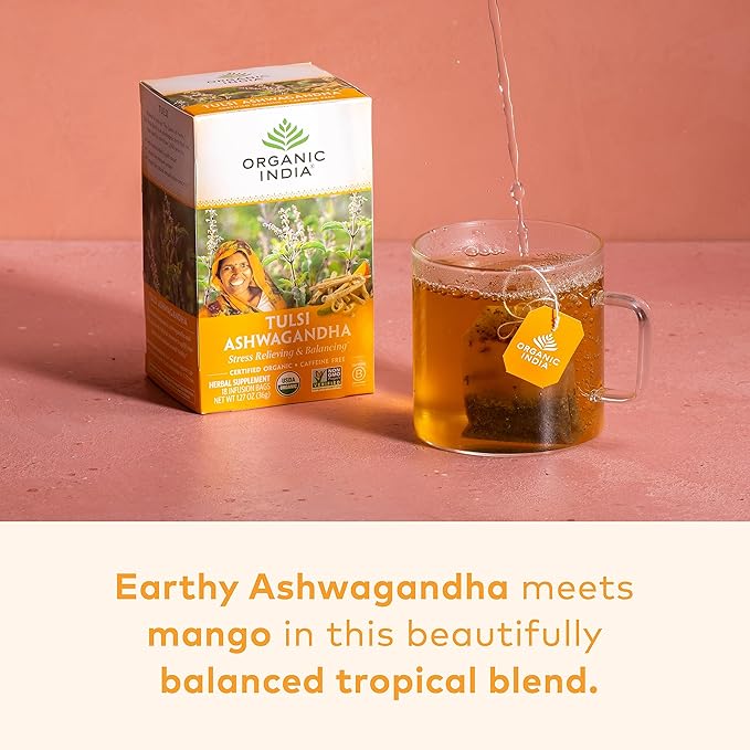 ORGANIC INDIA Calming Tulsi Ashwagandha Herbal Tea - Holy Basil Tea with Ashwagandha Root Supports Restful Sleep - Adaptogen Vegan USDA Certified Organic Non-GMO - 18 Infusion Bags 3 Pack