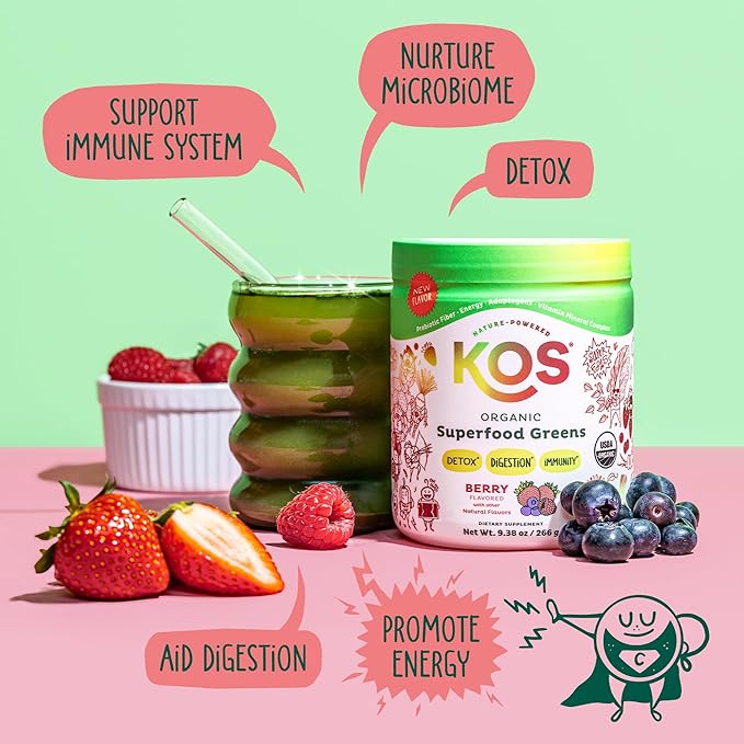 KOS Organic Superfood Greens Powder - Gut Health from Prebiotic Fiber Supergreens and Adaptogens - USDA Certified Organic Made in a GMP Certified Facility - 28 Servings Berry