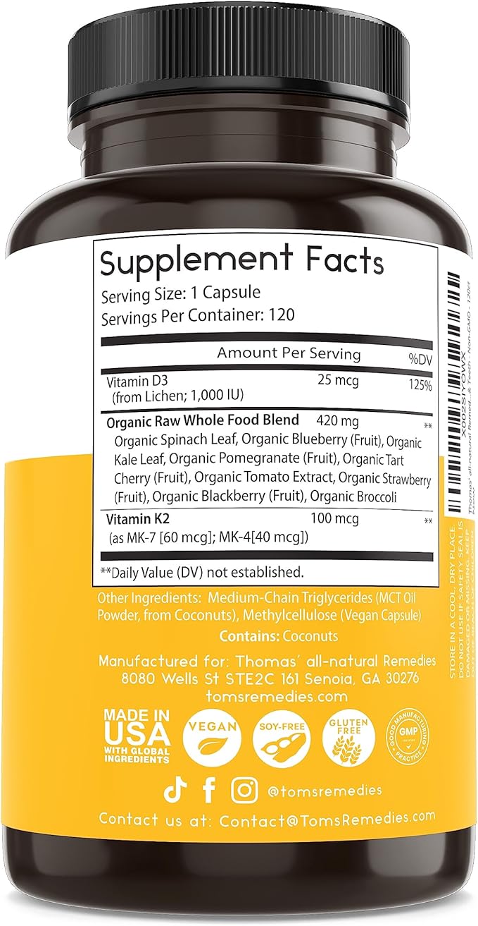 Thomas' all-natural Remedies D3 + K2 with MCT Oil for Better Absorption &amp Raw Whole Food Blend 1000 IU D3 Vegan Made in USA Support for Your Heart Bones &amp Teeth Non-GMO (120ct)