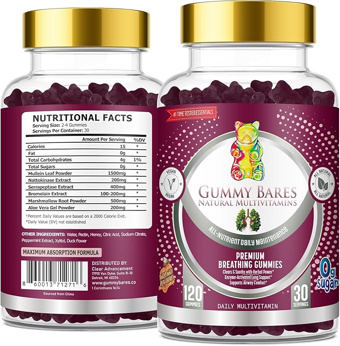 Mullein Leaf &amp Marshmallow Root Gummies – Lung Cleanse &amp Mucus Removal with Bromelain Nattokinase Serrapeptase Detox 120 ct | Gummy Bares