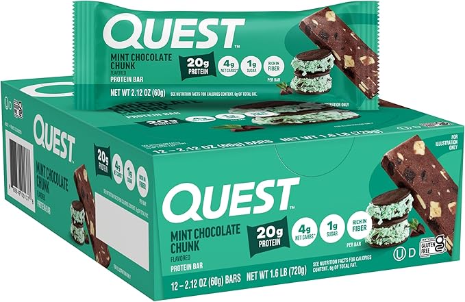 Quest Nutrition Mint Chocolate Chunk Protein Bars 20g Protein 1g Sugar 4g Net Carb High Fiber Gluten Free Keto Friendly 12 Count