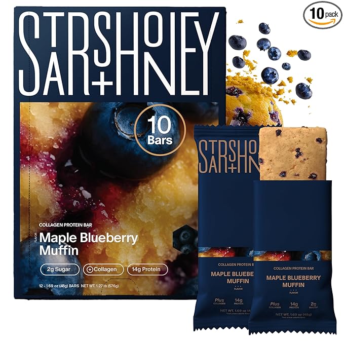 Stars + Honey Protein Bars Maple Blueberry Muffin 14g Protein 3g Sugar with Collagen Peptides Dairy Free Soy &amp Gluten Free Snacks Keto Friendly No Seed Oils or Sugar Alcohols 10 Pack