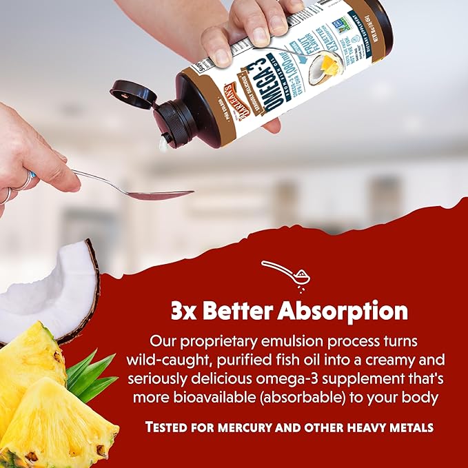 Barlean's Omega 3 Fish Oil Liquid Supplement for Men and Women 1080mg of EPA and DHA Fatty Acid Promotes Brain &amp Heart Health - Non-GMO Pina Colada 16 oz