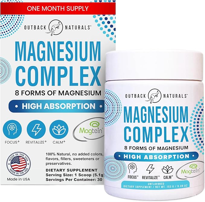 Magnesium Complex Powder - 8 Types of Magnesium L-Threonate (Magtein) Glycinate Malate and More for Brain Health Relaxation Maximum Absorption - Unflavored 30 Servings